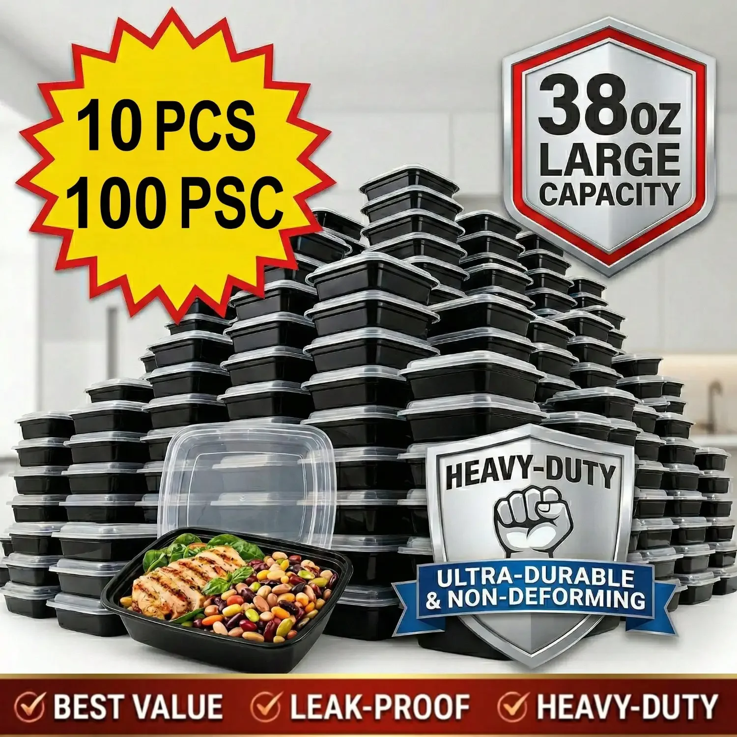Meal Prep Kitchen - 10/100pcs 38oz Black Rectangular Meal Prep